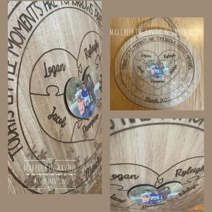 12 inch wood round. Personalized with your family’s name and color photo